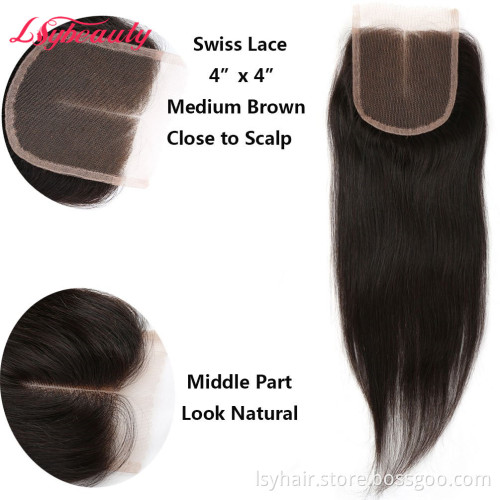 Lsy Beauty Size 4x4 Natural Pre Plucked Brazilian Straight Human Hair Lace Closure Middle Part  Human Hair Lace Top Closure